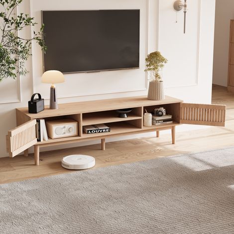 TV-Lowboard 150 cm mit 2 Türen und 2 offenen Fächern, TV-Schrank mit Massivholzfüßen, Holzoptik, skandinavischer Stil, Natur (1/5)