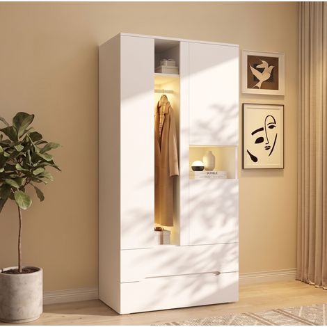 Armoire-penderie avec éclairage LED, 90 x 50 x 200 cm, 3 portes, 2 tiroirs, 6 étagères et 1 tringle, meuble de rangement blanc pour chambre d'enfant ou bureau – CHICFURN (1/5)