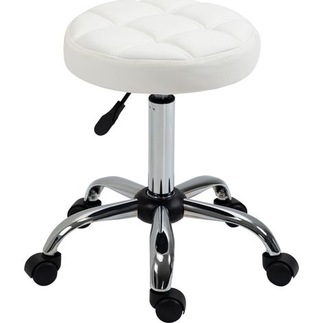 Taburete con ruedas regulable y giratorio para oficina y salón, piel sintética blanca (1/3)