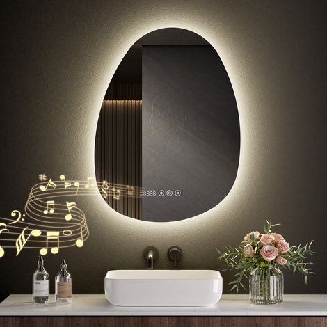 S'AFIELINA Bathroom LED Mirror 60 x 45 cm Asymmetrical with Bluetooth, 3 Colors Dimmable Light, Time, Temperature, Anti-Fog, Memory Function