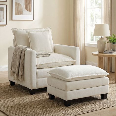Fauteuil salon avec repose-pied, canapé 1 place en chenille, assise large, rembourrage double couche, 85x128x86cm, crème (1/5)