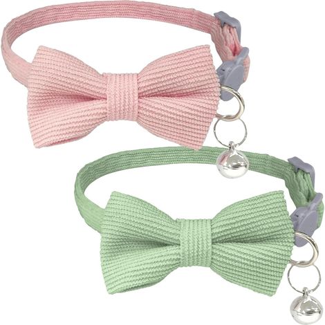 Lot de 2 Colliers pour Chat en Velours Côtelé avec Nœud et Clochette, Boucle de Sécurité à Détachement Rapide, Rose et Vert (1/5)