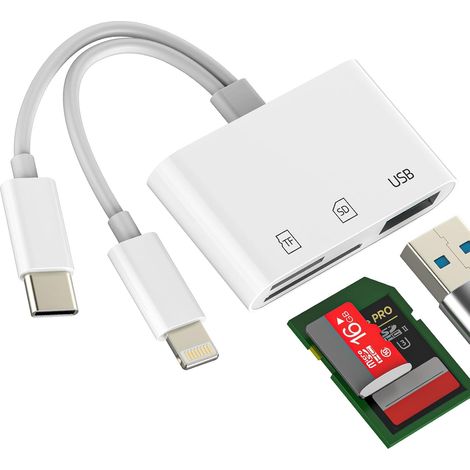 Adaptateur USB C Lightning vers Lecteur Carte SD Micro SD USB Mémoire pour iPhone 16 15 Pro Appareil Photo pour iPad 10 Mac Compatible avec Samsung pour Apple TF Memory Adapter OTG Card Reader (1/5)