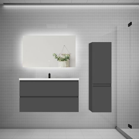 Ensemble meuble de salle de bain et lavabo anthracite (L.100cm) 2 tiroirs + meuble haut + lavabo + miroir LED (1/5)