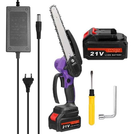 Mini Tronconneuse a Batterie, 8 Pouces Tronçonneuse Sans Fil Electrique 21V,, Tronçonneuse à Main 2 Batterie, 1Chaîne Pour La Coupe Du Bois, Les Branches D'arbres, Jardin, L'élagage, La Cour