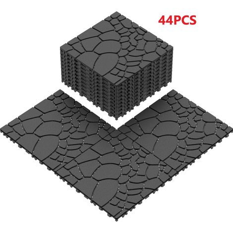 Dalles de terrasse Lot de 44 en PP Polypropylène Motif de Cailloux 30,5x30,5cm Dalles de terrasse clipsables Jardin Extérieur et intérieur Amovible Pour balcons et piscines Gris foncé