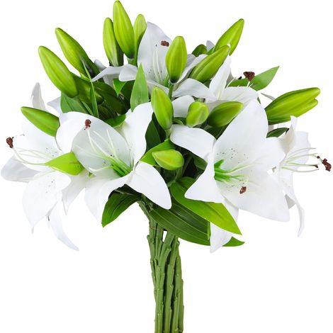 Lot de 16 lys tigrés artificiels au toucher réaliste, pour la décoration de mariages, de fêtes, de jardins, de boutiques et de bureaux. Fleurs en plastique. (1/5)