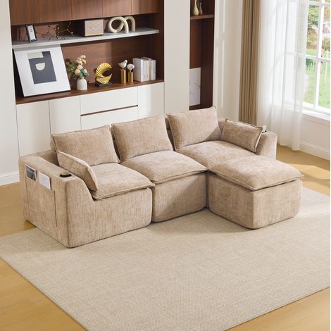 Modulares Ecksofa 3-Sitzer mit Hocker, Kissen, Getränkehalter und 2 Seitentaschen, in Chenille kaki (1/5)