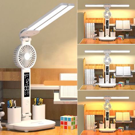 Multifunctional Dual LED Lamp - Desk/Bedside with Built-in Clock & Fan, 3 Light Tones, USB Rechargeable, Touch Dimmer