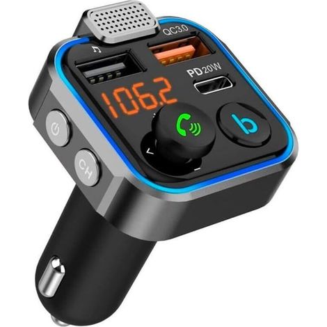 Émetteur FM Bluetooth - 3 ports de chargement : 2 ports USB QC3.0 + 1 port USB Type C PD 3.0 20 W, appels mains libres, réduction du bruit, charge rapide, bouton B : basses profondes haute fidélité (a (1/4)