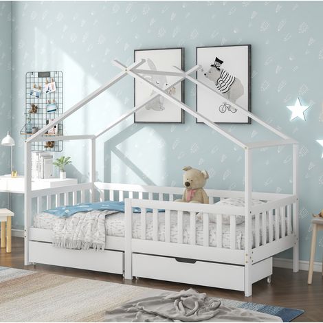 Cama casita 90x200 cm blanca de madera y MDF con 2 cajones, para ordenar, sin colchón – MEUBLIV (1/5)