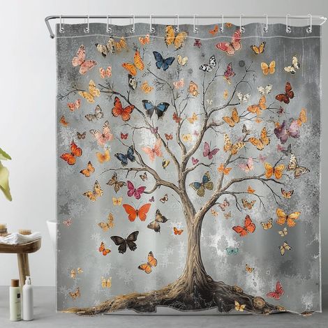 Papillon Rideaux de Douche 180x200cm Arbre Vintage avec des Papillons Rideaux de Bain avec Crochets,Gris esthétique Extra Longue Imperméable Polyester Anti Moule Salle de Bain Décor (1/5)
