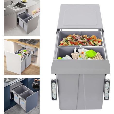 Double Pull Out Trash Can 2x20L Cabinet Mounted Silent Slide Rail Waste Sorting Bins Space Saving 49x35cm for UK Kitchens Grey Iron & Plastic Recycling System (1/5)