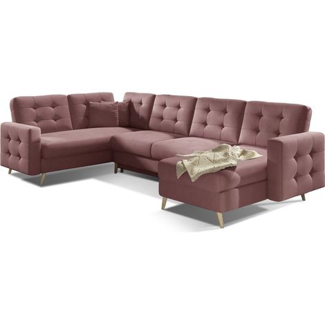 Canapé d'angle panoramique convertible HASGARD U 326x202 cm rose velours