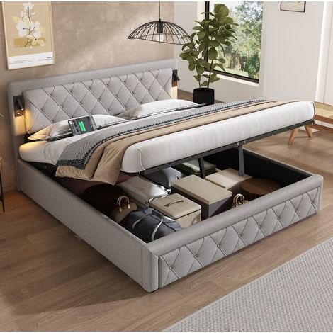 Letto contenitore 180x200 cm in lino grigio per camera matrimoniale, senza materasso FloraGrace (1/5)