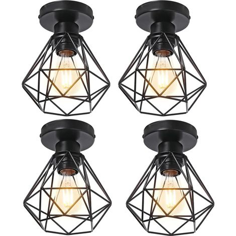 4x Plafonnier stoex luminaire industriel vintage design rétro cage diamant en fer forge, Lampe de plafond métal E27 pour cuisine salon chambre (Noir) (1/5)