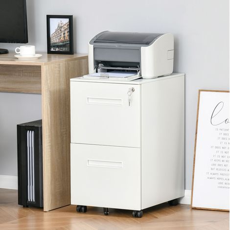 Cassettiera su ruote 39x48x67 cm con 2 cassetti, chiusura centrale, acciaio, bianco (1/5)