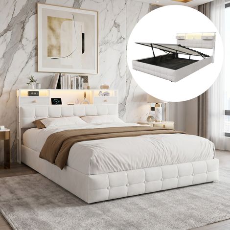 Lit coffre 140x200 cm, lit double adulte capitonné en velours, avec hydraulique de rangement, 2 tiroirs intégrés à la tête de lit, LED et USB, sommier à lattes en bois - Beige