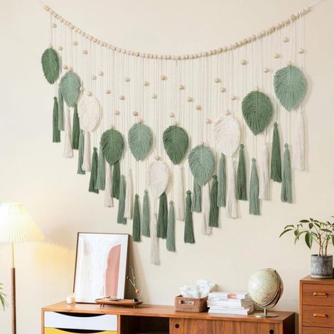 Décoration murale macramé - 1 pièce, Pompon feuille perles bois coton fait main style bohème - Type tapisserie macramé étiquette (1/5)