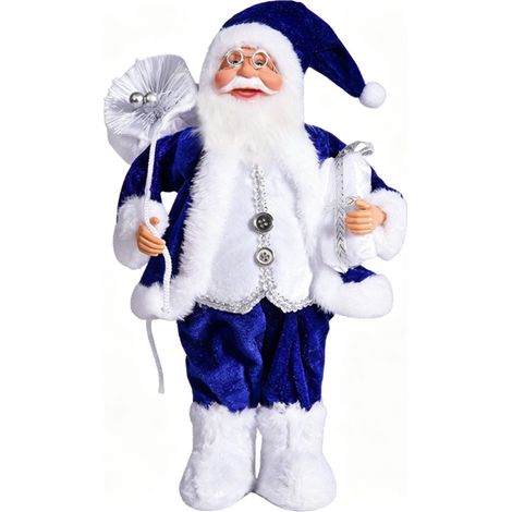 Figura de Papá Noel de 30 cm (12 pulgadas), que representa a Papá Noel de pie, vestido con un abrigo azul, llevando en brazos una bolsa de regalos y una caja de regalo. (1/4)
