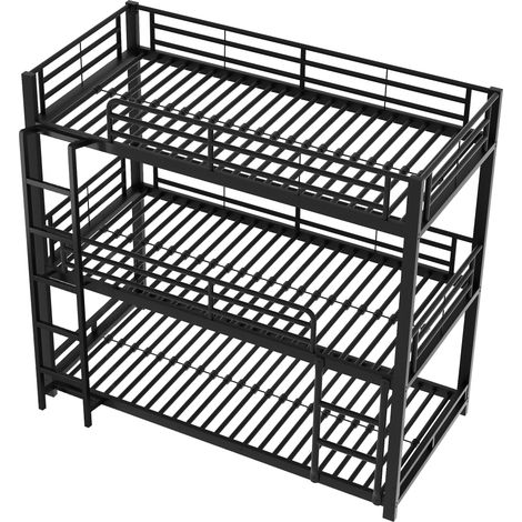 Etagenbett 90×200 cm, Bett 3 Plätze mit Absturzsicherungen und Fester Leiter, ohne Matratze, Metall, Schwarz (1/5)