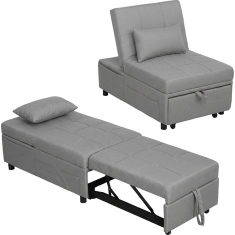 Fauteuil pliant 4 en 1 avec poche latérale. lit d'appoint avec oreiller. dossier réglable. fauteuil-lit à roulettes. gris clair (1/5)