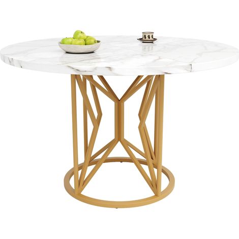 Mesa de Comedor Redonda en MDF y Metal con Motivo Marmoleado, Patas Ajustables - 100×100×76 cm, Dorado (1/5)