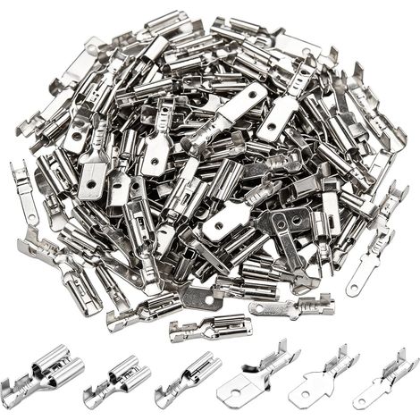 Paquete de 360 terminales de cable de cobre, 2,8/4,8/6,3 mm, macho y hembra, terminales planos plateados, terminales de cable profesionales, para el hogar, el coche y proyectos de bricolaje. (1/5)