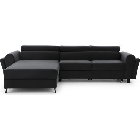Canapé d’angle convertible MAZALI velours - Appuis-tête réglables et rangement-Gris foncé-Méridienne A gauche (1/5)