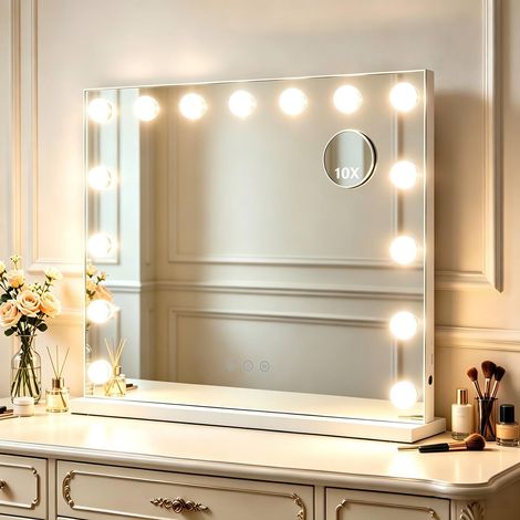 LED Schminkspiegel 58x48 cm – Hollywood Spiegel Kosmetikspiegel mit Beleuchtung, 3 Lichtfarben dimmbar, abnehmbare 10-fach Vergrößerung, Tisch- & Wandspiegel, weiß (1/5)