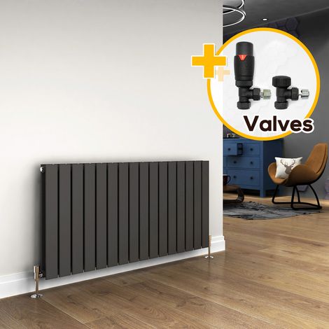 ELEGANT 600 x 1216 mm Anthracite Designer Radiator Horizontal Column Double Flat Panel Radiator Heater + Anthracite Thermostatic Radiator Valves (1/5)