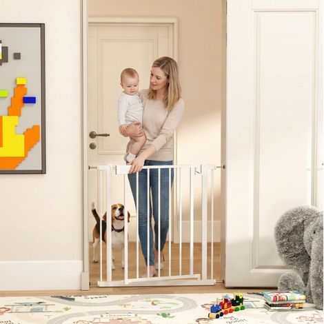 Barrera de seguridad infantil y para perro, 76-82x76 cm, blanca, cierre automático y sin taladrar (1/5)