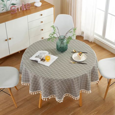 Nappe ronde à pompons de 150 cm, en polyester et coton, pour table à manger, table basse, table de jardin (motif à carreaux gris) (1/4)