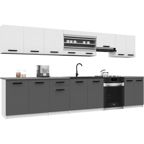 Belini ITALIA 3 Cuisine Equipée Modulaire Complète - 320 cm. Meubles Hauts Bas avec Plan de Travail, Blanc Mat/Gris (1/5)