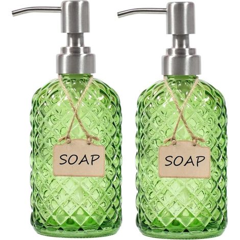 Set di 2 eleganti dispenser di sapone in vetro con pompa in acciaio inox 304, antiruggine, per cucina e bagno. (1/4)