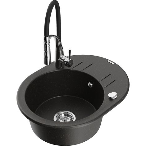 Mexen Kevin lavello in granito a 1 vasca con scolapiatti e rubinetto da cucina Aster, nero/oro metallizzato - 6517-75-73450-07 (1/5)