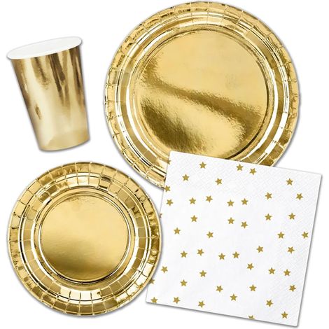 Kit de vaisselle en or pour 6 invitations, décorations dorées de table jetable pour 6 personnes pour le Nouvel An Noël célébration 6 grandes assiettes 6 petites assiettes 20 serviettes 6 (1/5)