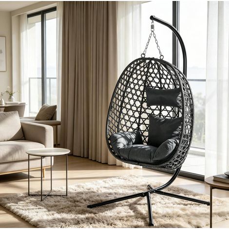 Poltrona sospesa 105x105x195 cm grigio scuro in metallo e rattan con altezza regolabile (1/3)