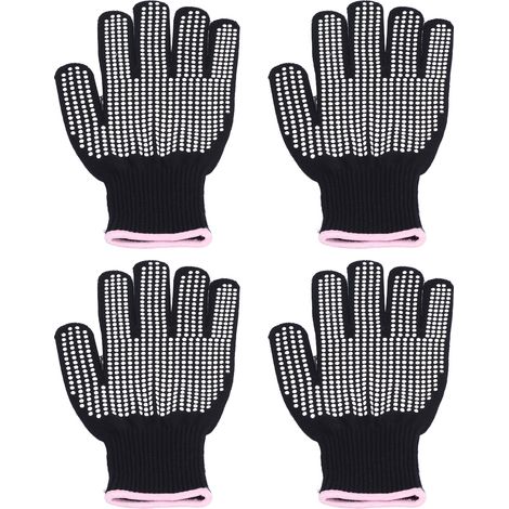Lot de 4 gants résistants à la chaleur, anti-brûlures et haute température, avec picots en silicone blanc et bordure rose. (1/5)