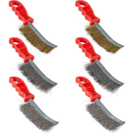 Relaxdays Lot de 6 brosses métalliques, 2 de chaque : acier, acier inoxydable & laiton, avec poignée, coloré (1/5)