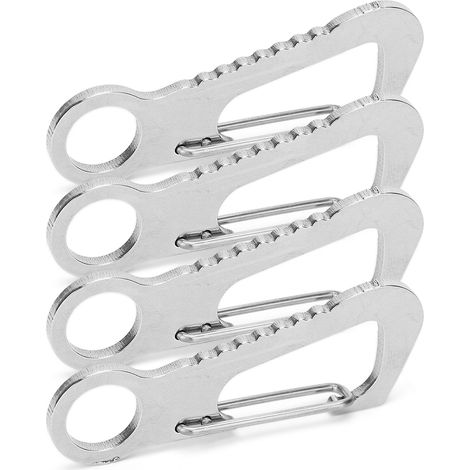 Lot de 4 mousquetons multifonctions en acier inoxydable avec anneau en D, pour l'escalade en extérieur, avec boucle de suspension rapide et décapsuleur/rangement de clés (argenté). (1/5)