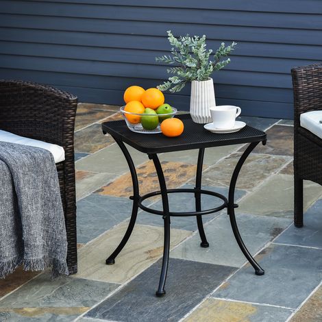 Mesa de jardín cuadrada de acero con tablero perforado, 45x45x50 cm, negra.
