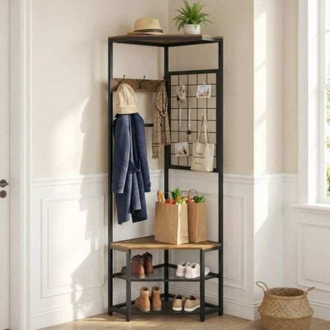 Gain de place pour l'entrée : meuble d'angle 3-en-1 avec porte-manteau, rack à chaussures, 7 crochets et barre (1/5)
