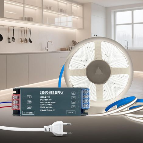 Ruban LED COB 12V, 5M Bande LED COB Blanc Froid 6000K Découpable Flexible 320LED/M CRI90 Adhésif Bandeau Largeur 8mm avec Transformateur 220V 12V 100W pour Chambre, Décoration de la Maison (1/5)