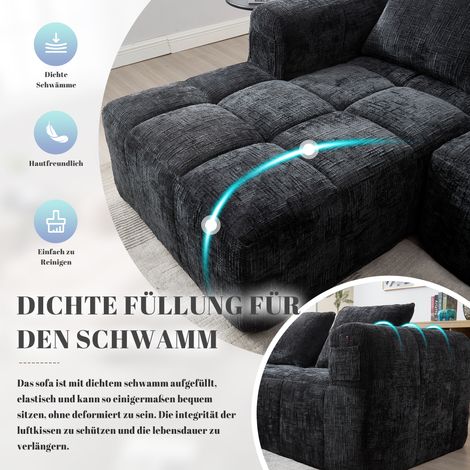 Canapé L 3 places chenille noir,sans montage,chaise longue + accoudoirs,3 coussins + poche latérale pour télécommande (1/5)