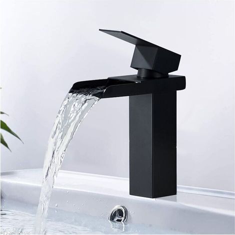 Noir Robinet Cascade Mitigeur de Lavabo Mono-trou Robinetterie Lave-mains avec Levier Unique en Acier Inox Robinet Salle de Bain