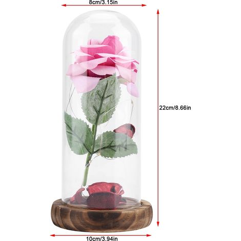 Rose éternelle illuminée par LED avec couvercle en verre et socle en bois - Cadeau idéal pour la Saint-Valentin ou un mariage - Rose (1/5)