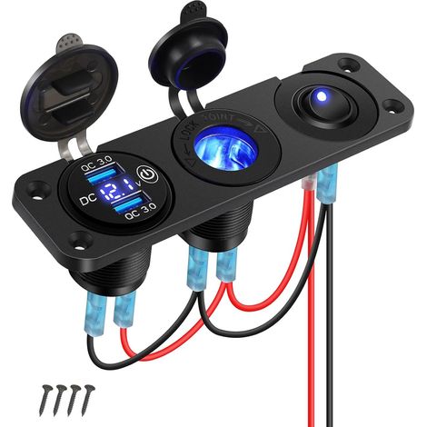 Pannello di presa di carica USB per auto da 12 V QC3.0 con accendisigari, voltmetro a LED e interruttore a bilanciere per barca, SUV, camion, roulotte, nautica