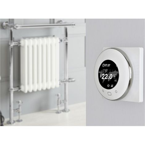 Milano Elizabeth 930mm x 620mm Floorstanding Chrome and White Dual Fuel Electric Heated Towel Rail Radiator with Overhanging Rail and Angled Valves - With Wi-Fi Thermostat & Cable Cover (1/5)