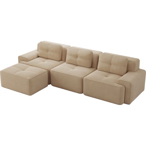 Sofá modular en L con otomana de pana beige, 3 plazas, sin montaje (1/5)